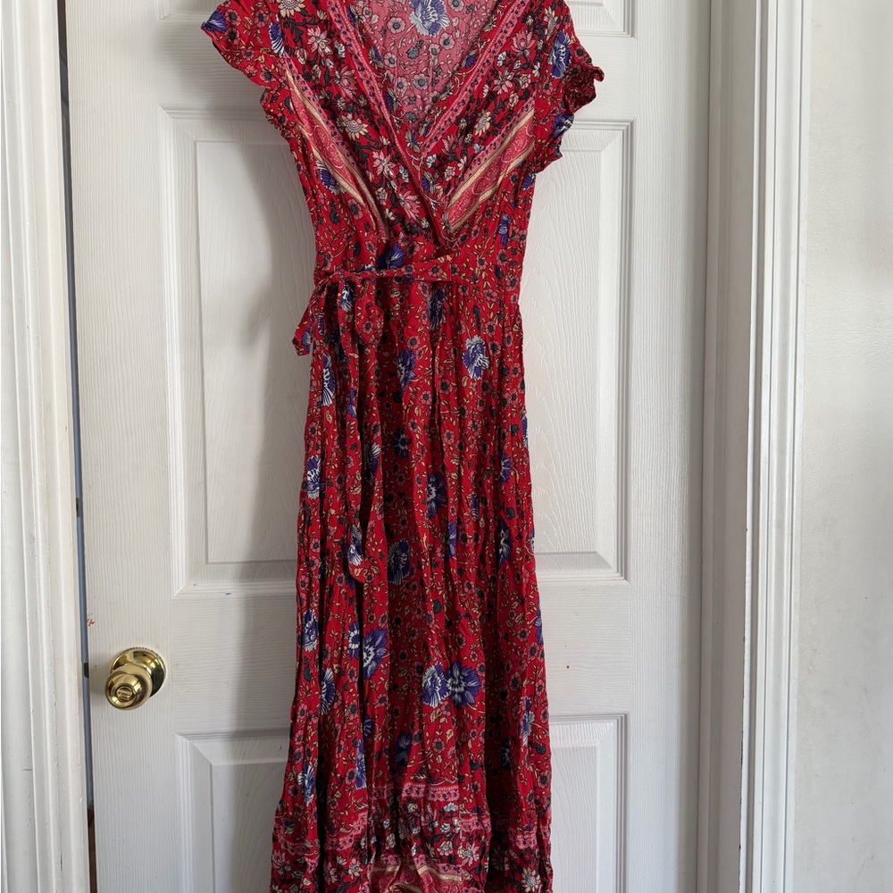 Floral Red and Blue Women's faux wrap Dress